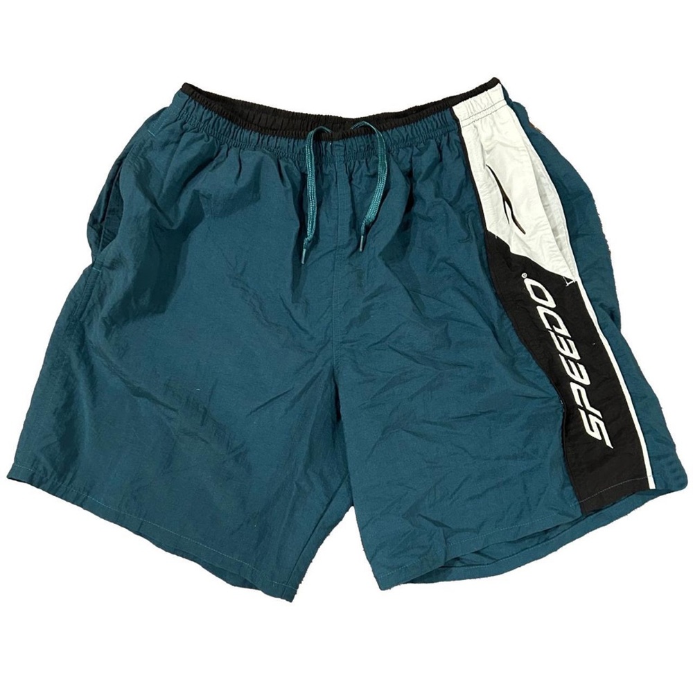 Vintage 90s men’s Speedo swim trunks / outdoor shorts in aqua / b&w color blocks